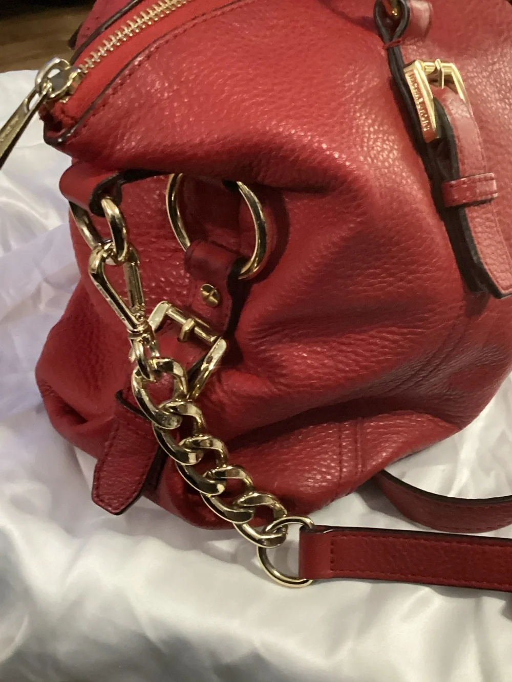Michael Kors Red Pebbled Leather Shoulder Bag & Wallet/Makeup with Gold Hardware